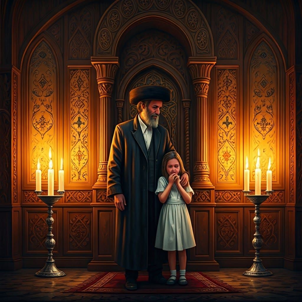 Devout Father Comforts Tearful Daughter in Golden-Lit Synago...