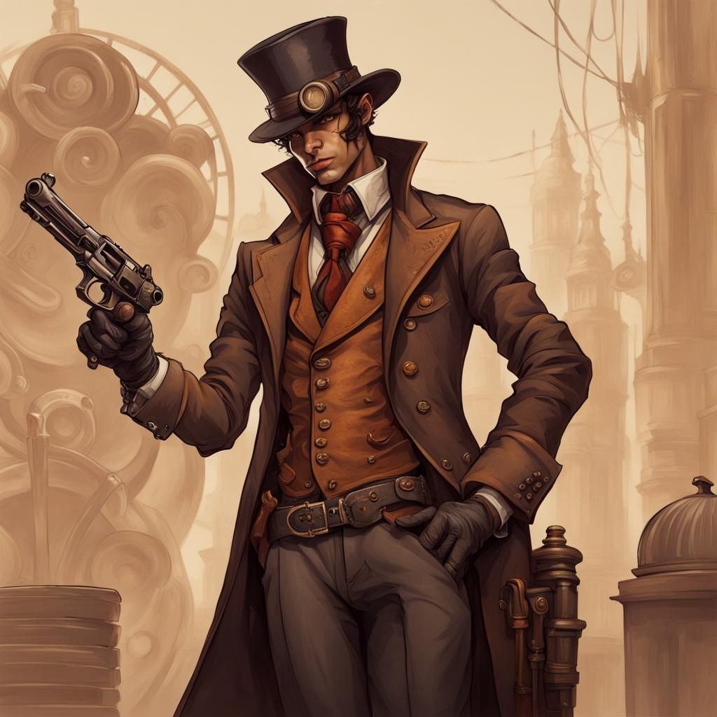 Gentleman Tiefling with tan skin, dressed in a nice suit, with a gun ...