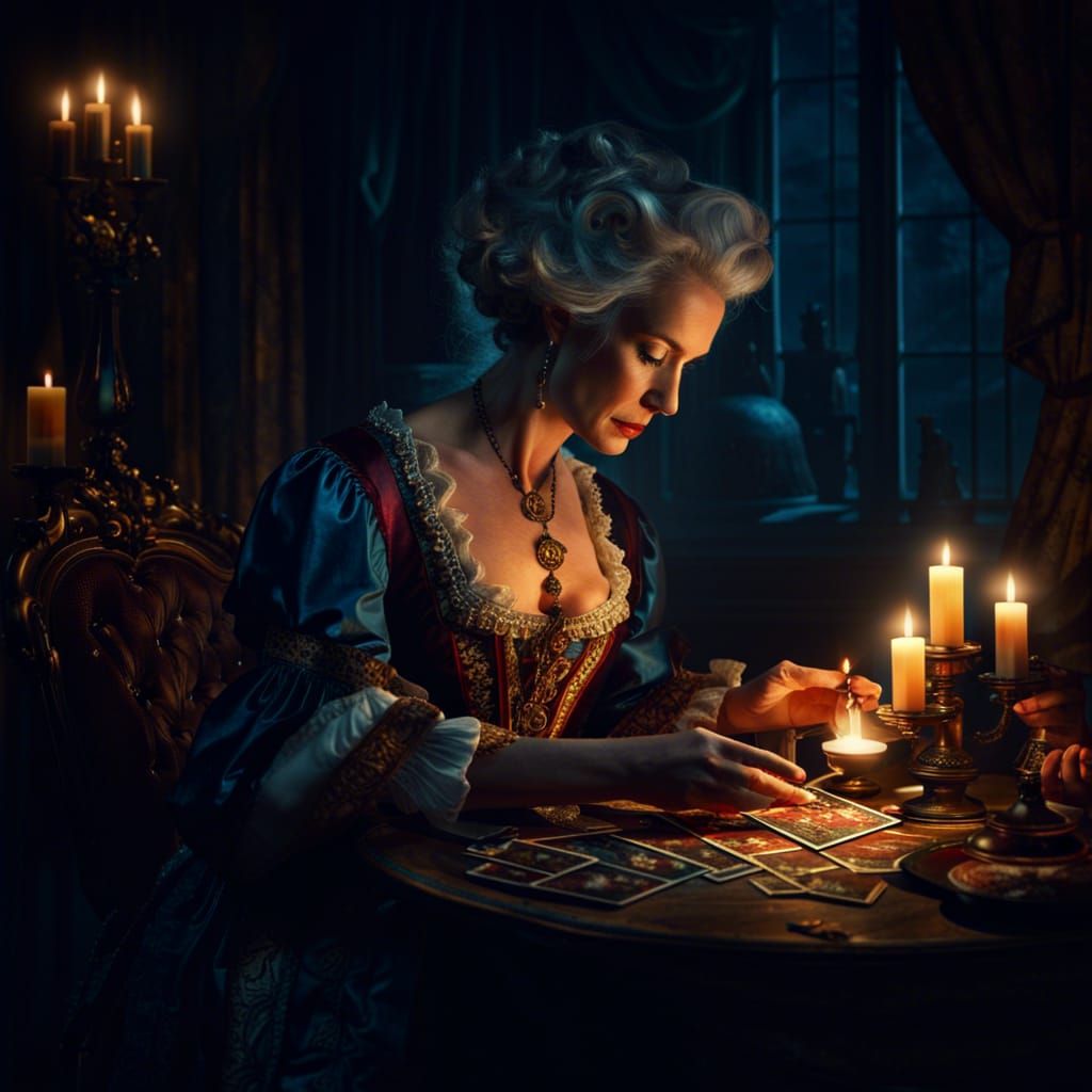 Beautiful middle-aged noble lady from the 18th century reading tarot cards at night by candlelight  by @ophelia22