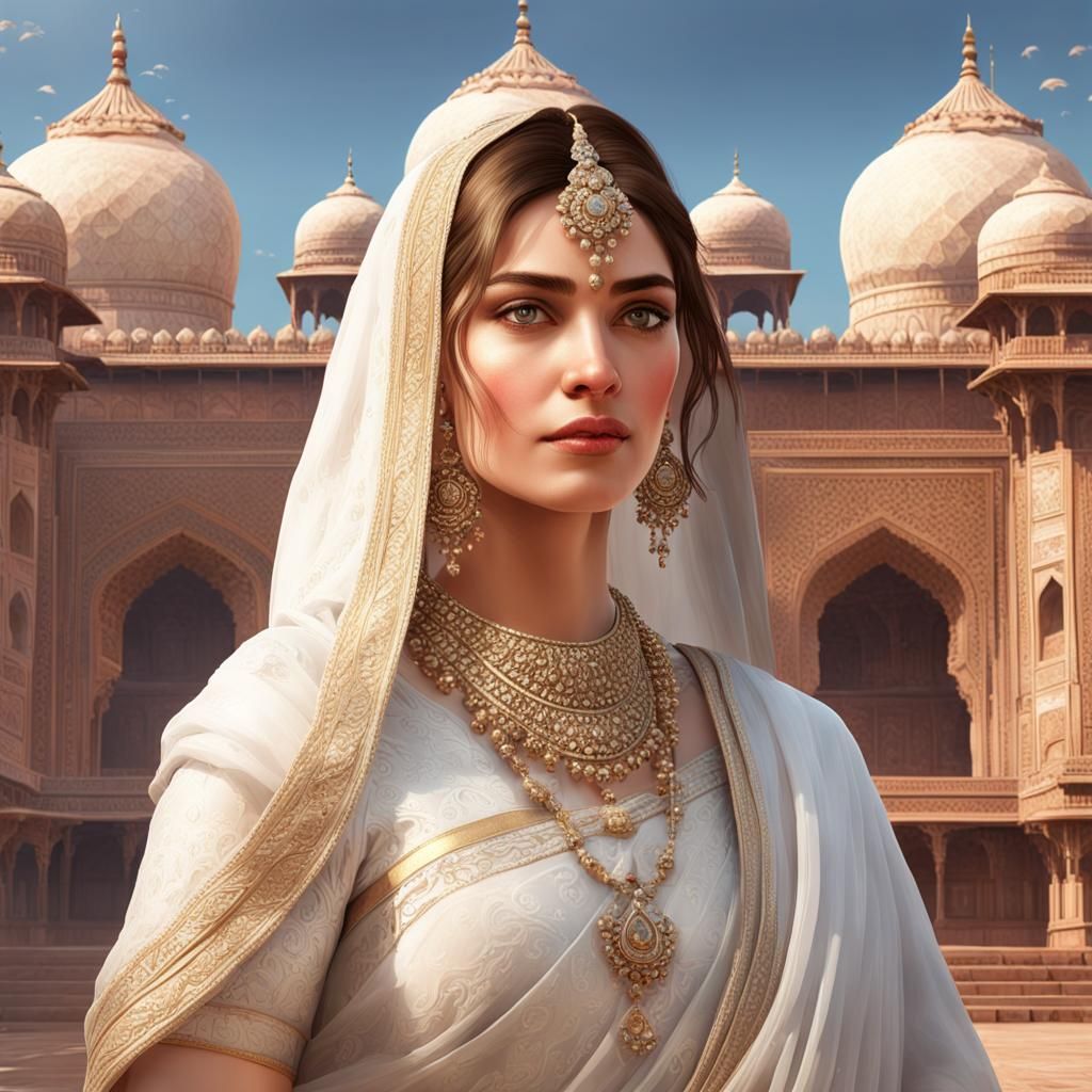 European lady wearing white saree in front of Qutub Mahal