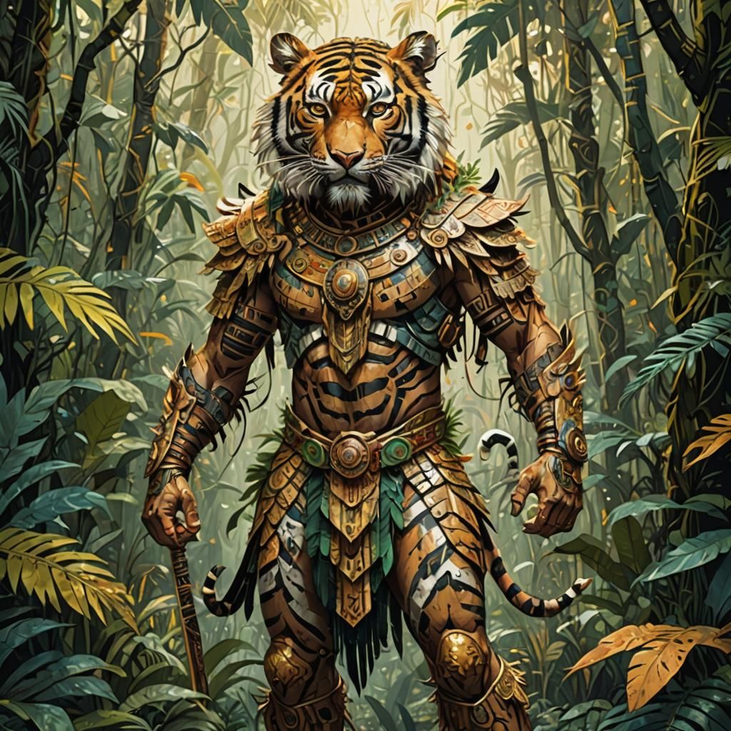 Aztec warrior tiger, whole body covered in tiger fur with clawed hands standing in a jungle, golden outlines, highly detailed, intricate mot...