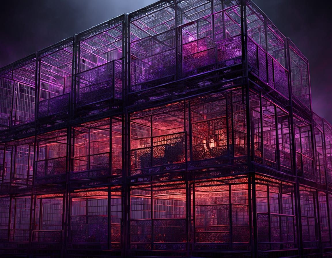 a series of cages coming out of each other, back light, grey and red and purple hues, 