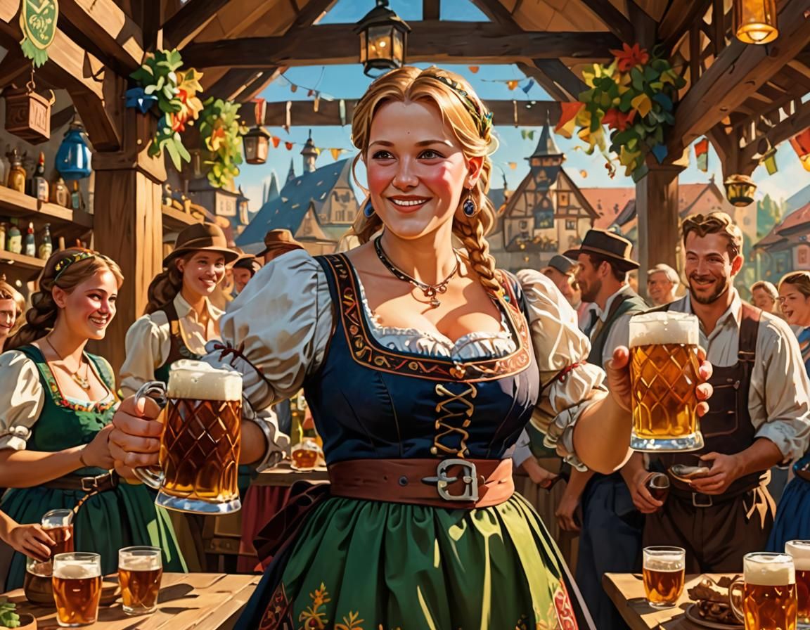 Beer garden waitress holding several large beer-steins ...  by @Runway Lights 