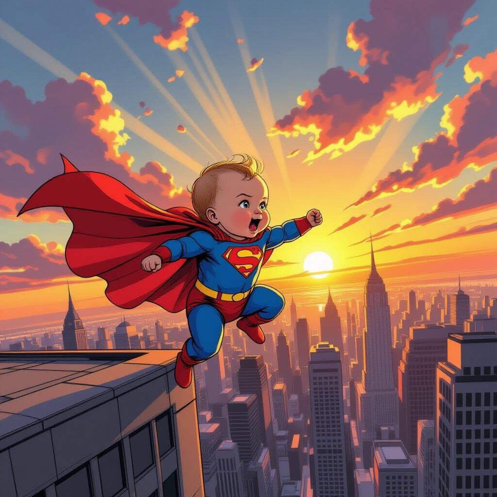 Baby Superhero Kicks Off Skyscraper at Sunset