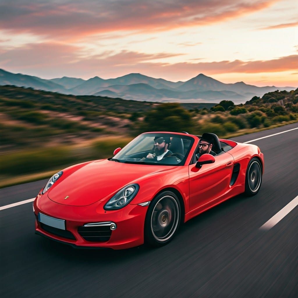 Stylish Red Porsche Cruises Down Winding Road with Hasidic M...