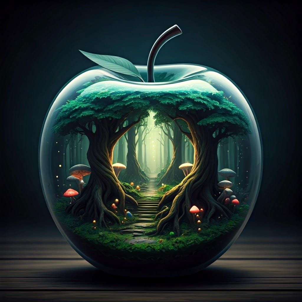 Enchanted Forest Inside Glass Apple, Surrealist Art