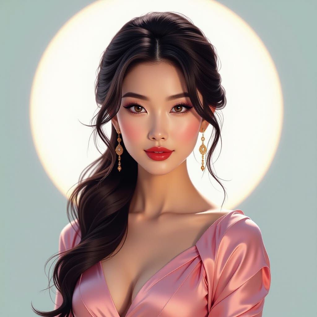 Elegant Asian Woman with Pink Hair in Soft Cinematic Light