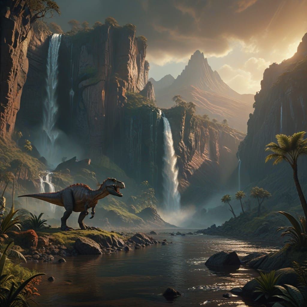 Dinosaurs at a watering hole in an ancient mountainous landscape  by @ISPI AI Art
