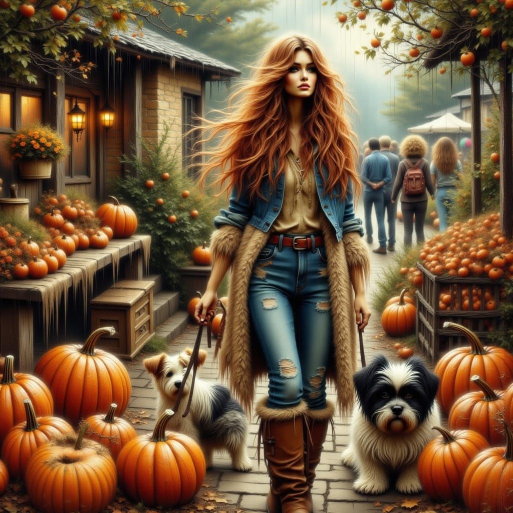 <lora:Beautiful women:1.0> <lora:PetalsGrave:1.0> From the front the beauitful women sets out to find the perfect pumpkin for her porch at t...