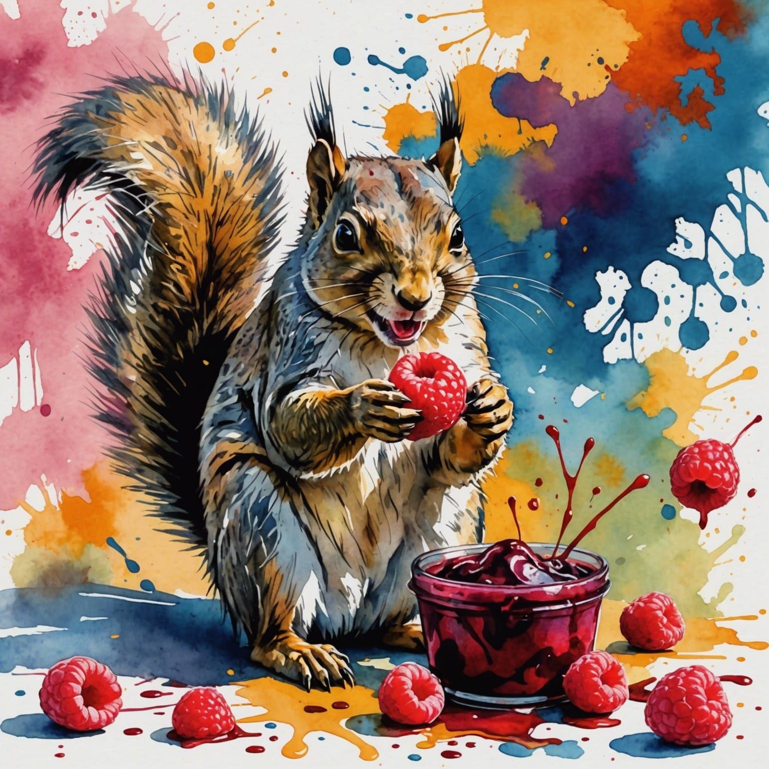 A wild squirrel eagerly eating raspberry jam 