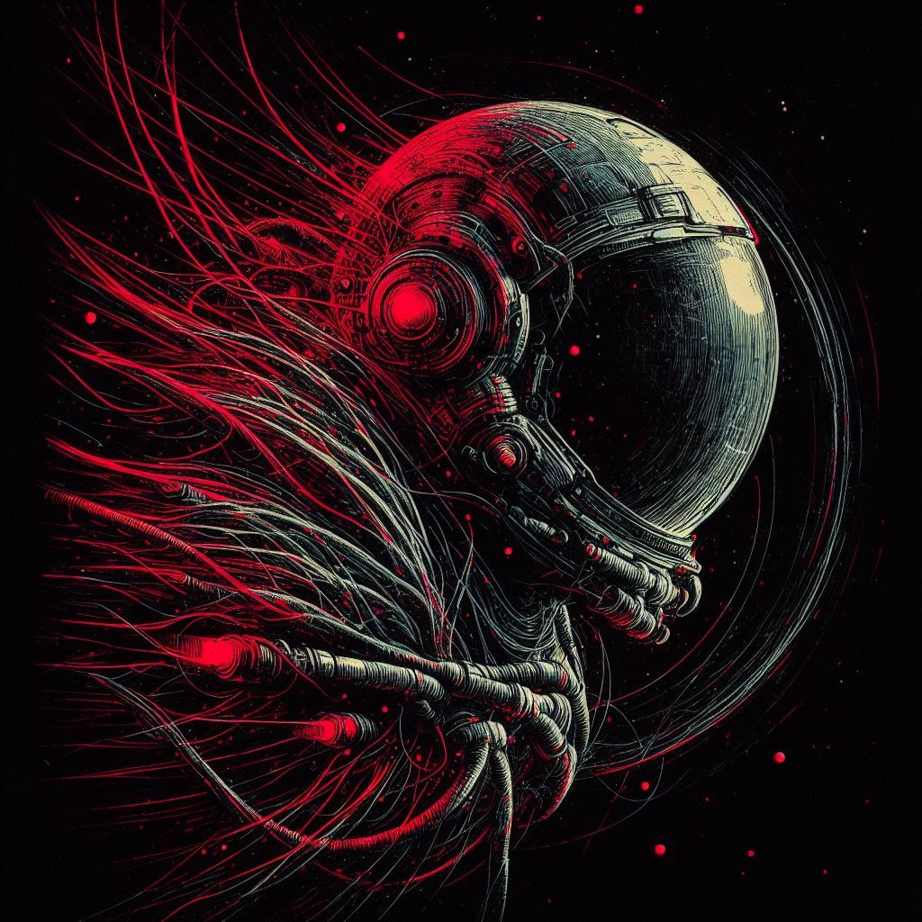 Tangled astronaut floating in space