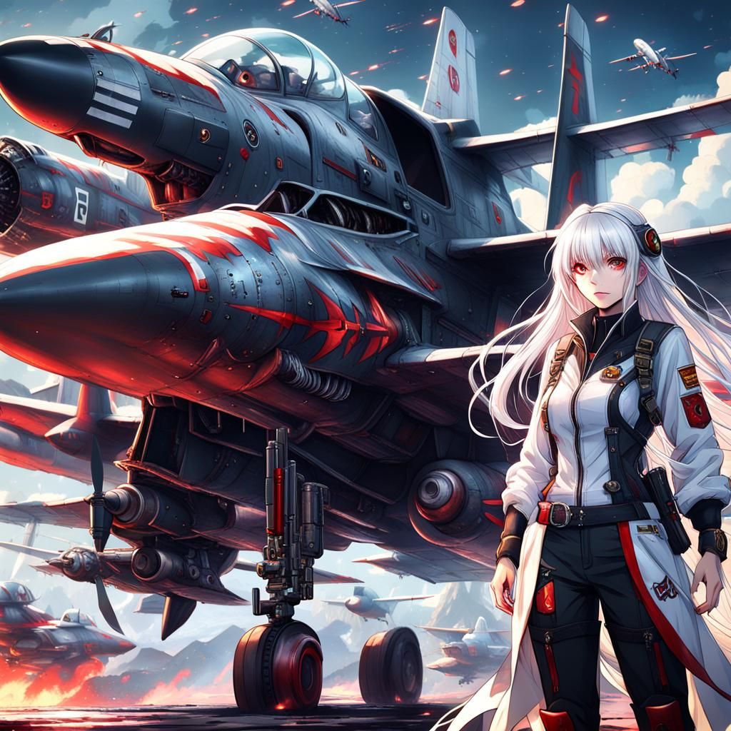 Anime Pilot Girl with White Fighter Plane
