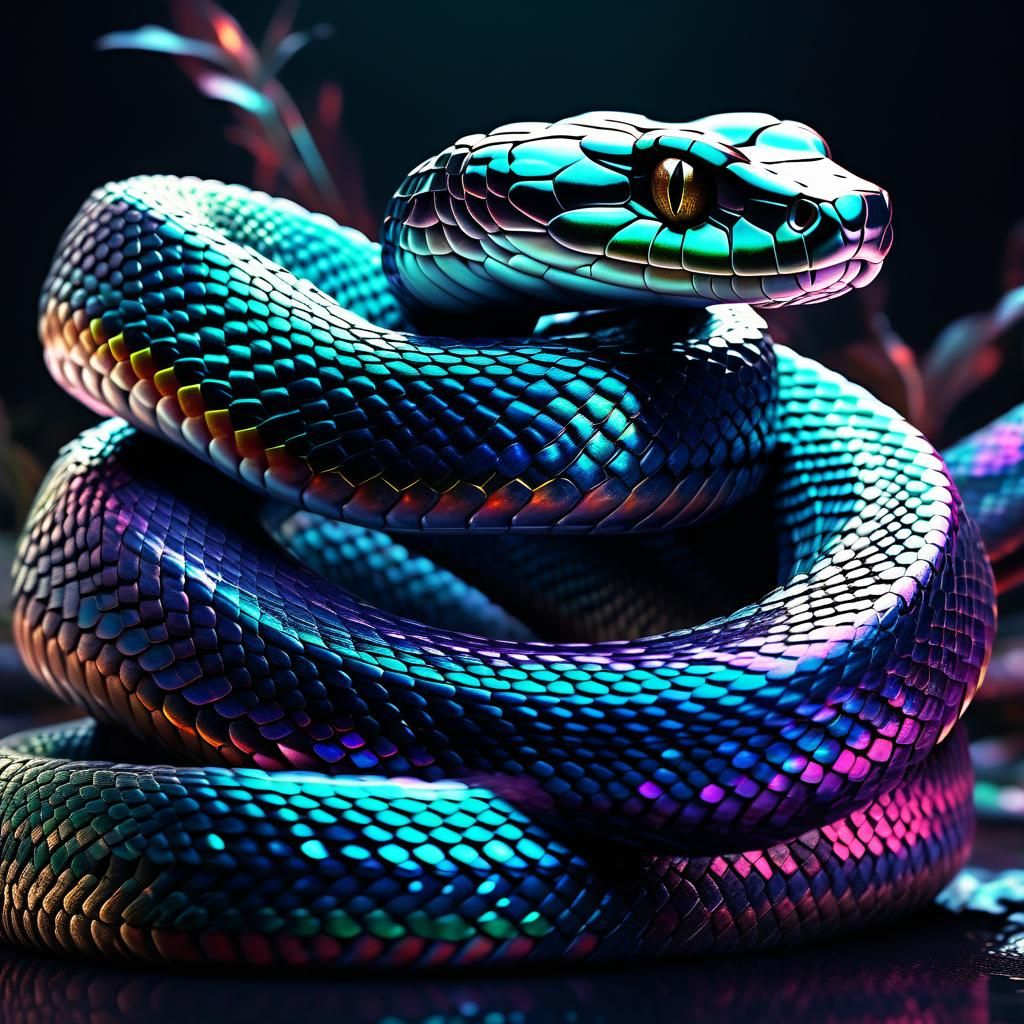 Black, shimmering, iridescent snake