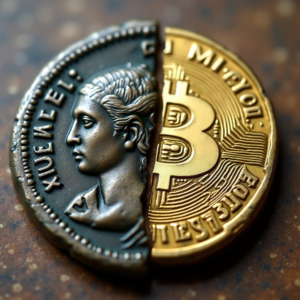 Antique Roman Coin Beside Cryptocurrency