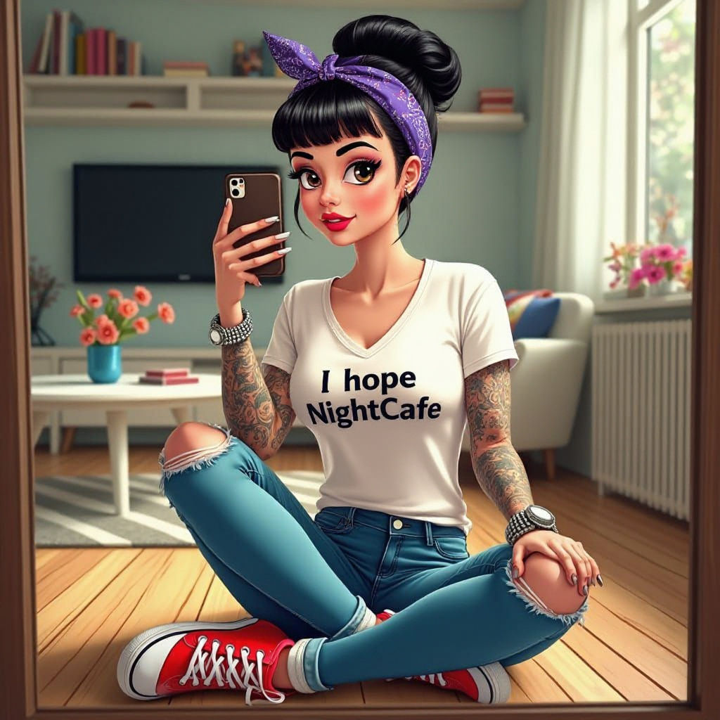 A stylish woman in  Retro pin-up cartoon style, big expressive eyes with glossy highlights, soft gradients, and luminous shading. She is sit...