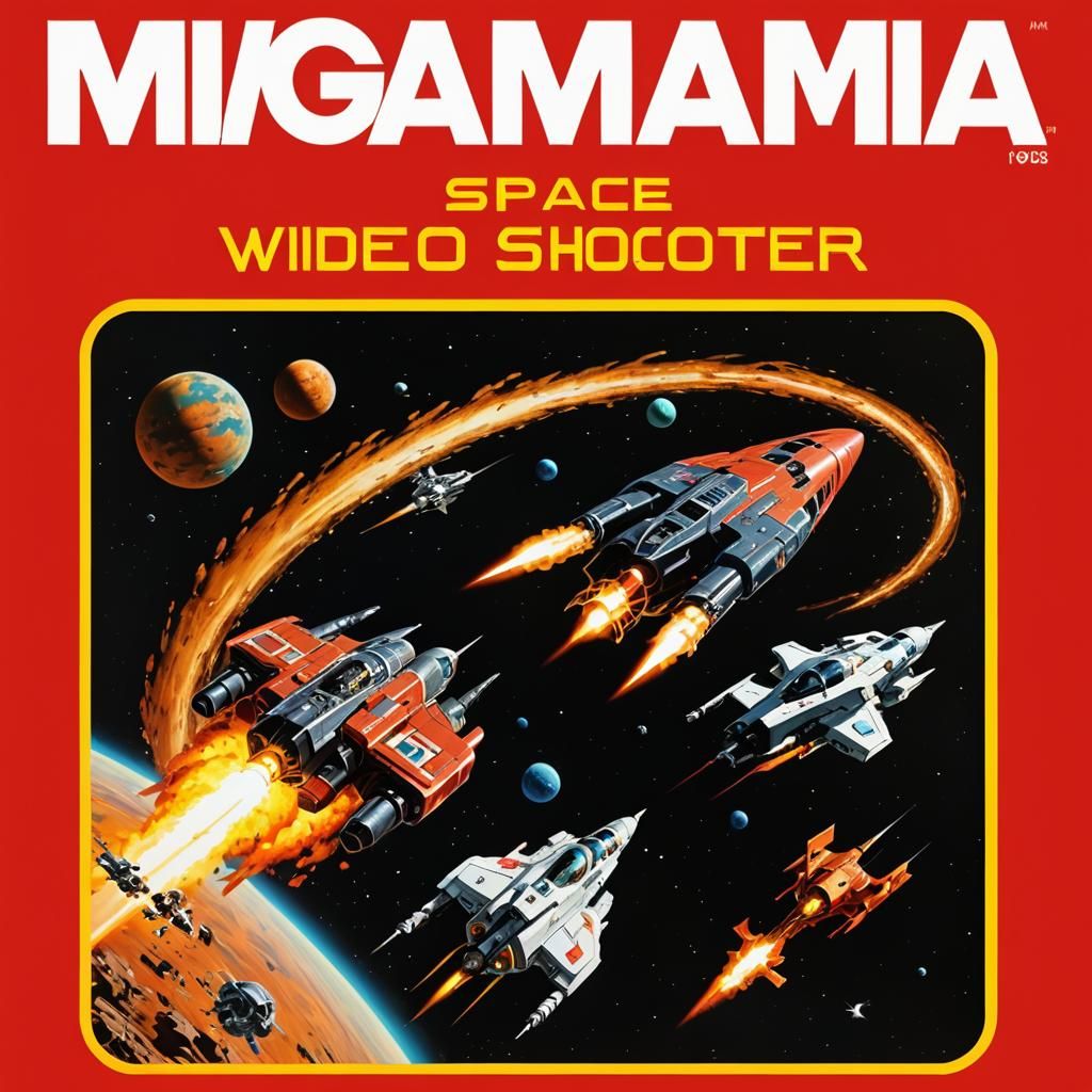 1980s space shooter video game box art, By artist "anime", 3...