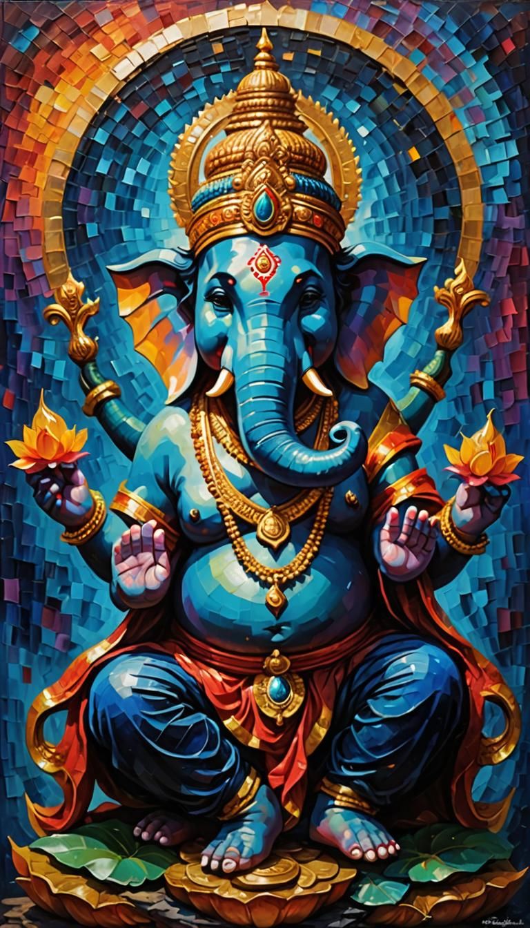 Lord Ganesha has a smile, has 4 arms, looks like a millionaire with dharma deposits and a light behind the universe. There are 2 Nagas cover...