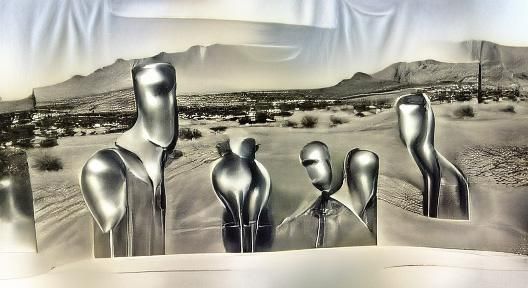 Monolithic metal mannequins standing in the desert; platinum...