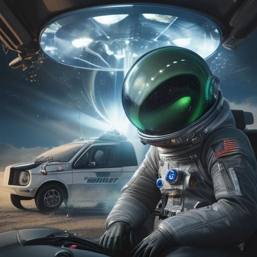 Alien in a spacesuit with a car in the background