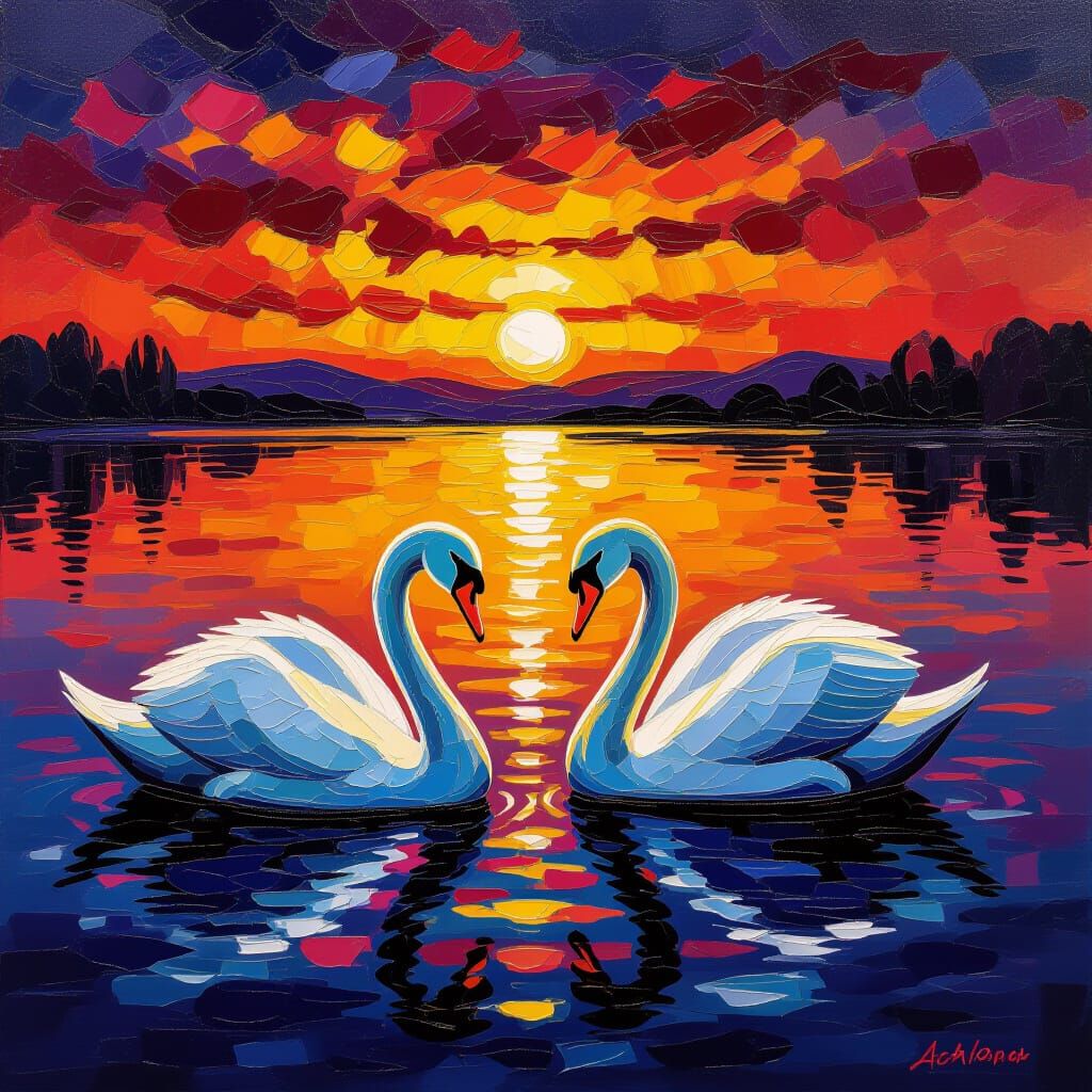 Melancholy Swans at Sunset in Oil Painting Style