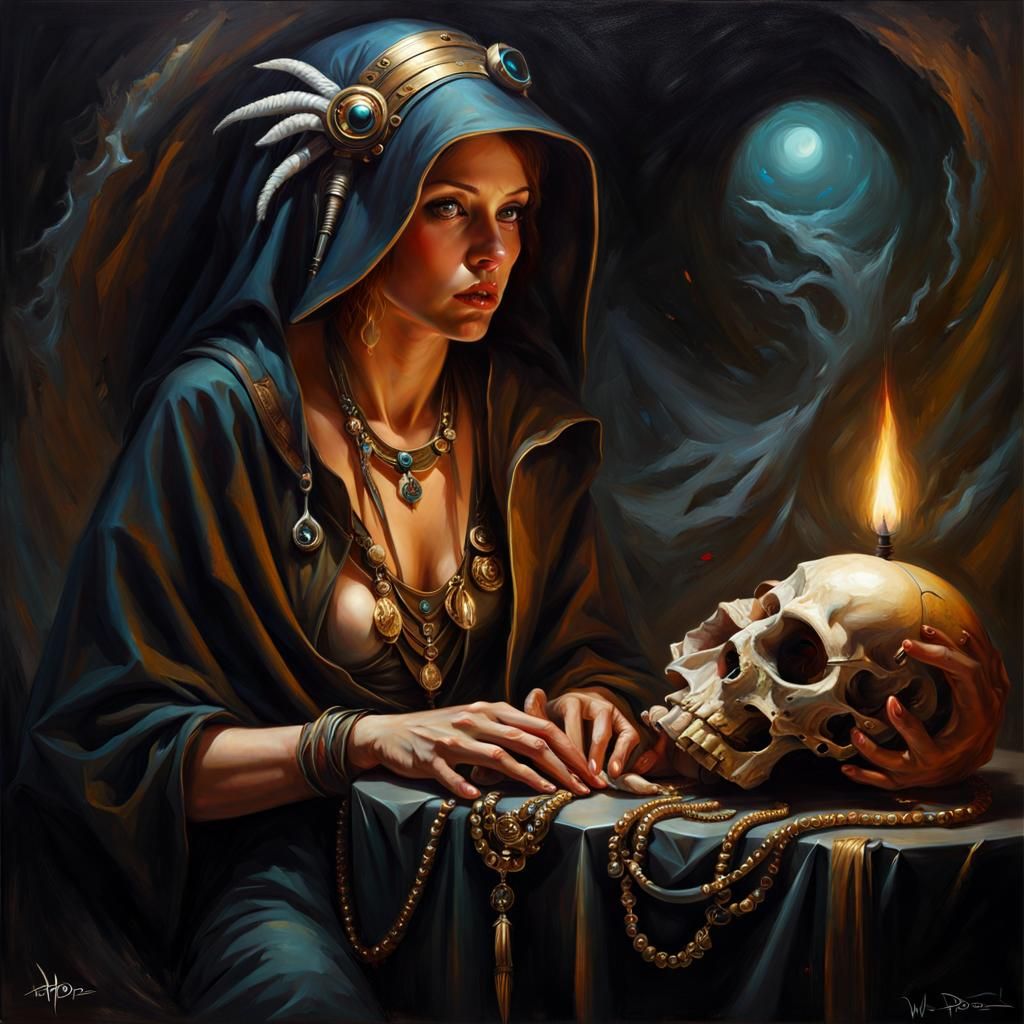 "Paleontological Necromancer" oil on canvas, detailed, hyper...