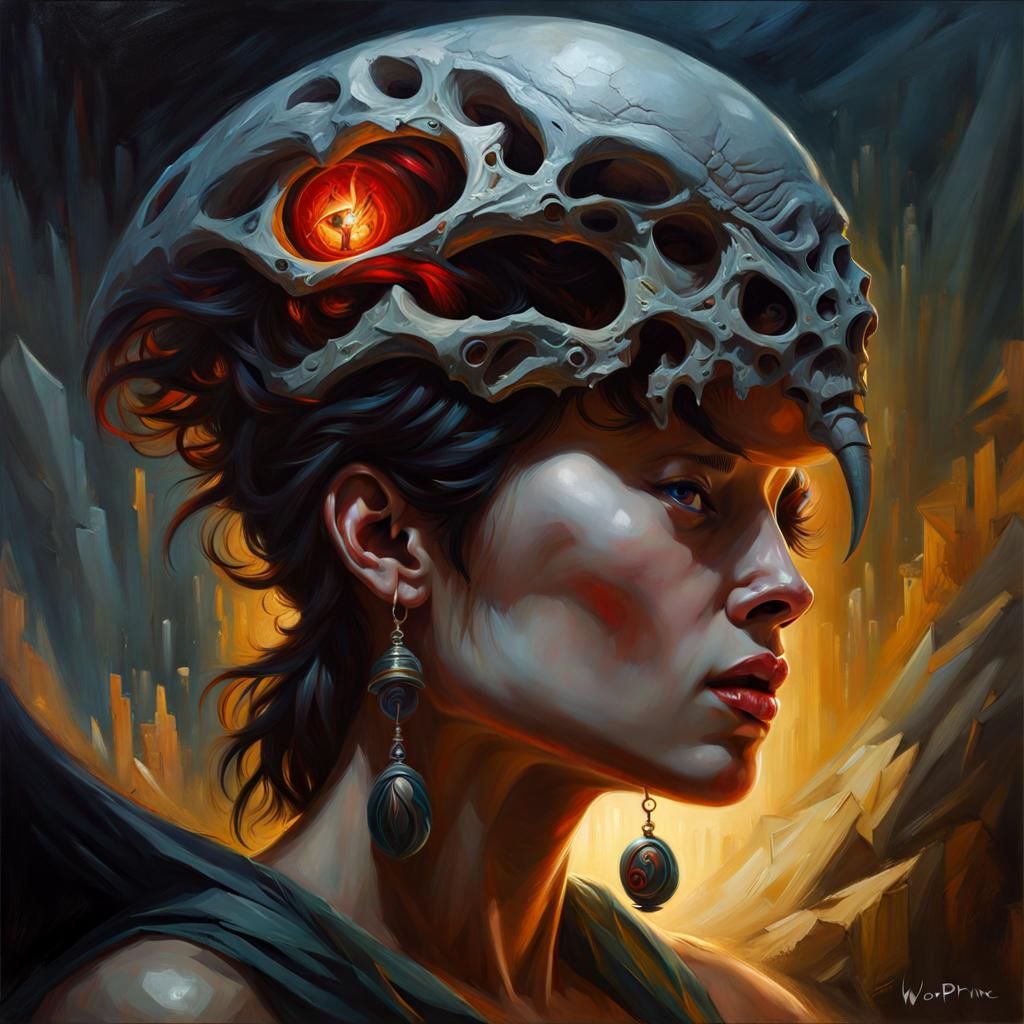"Paleontological Necromancer" oil on canvas, detailed, hyper...