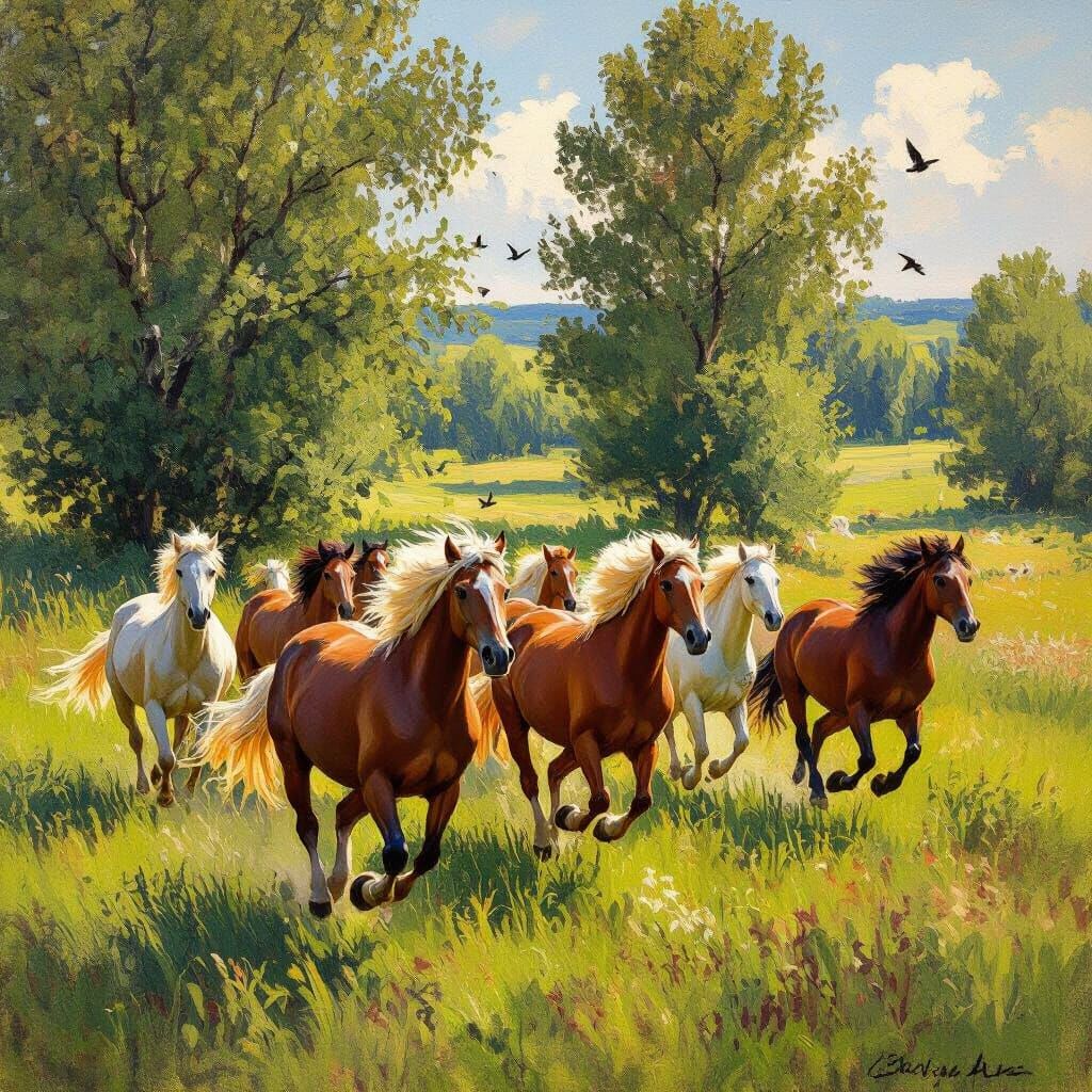 Herd of Wild horses running across a meadow.  Trees in the background with birds 