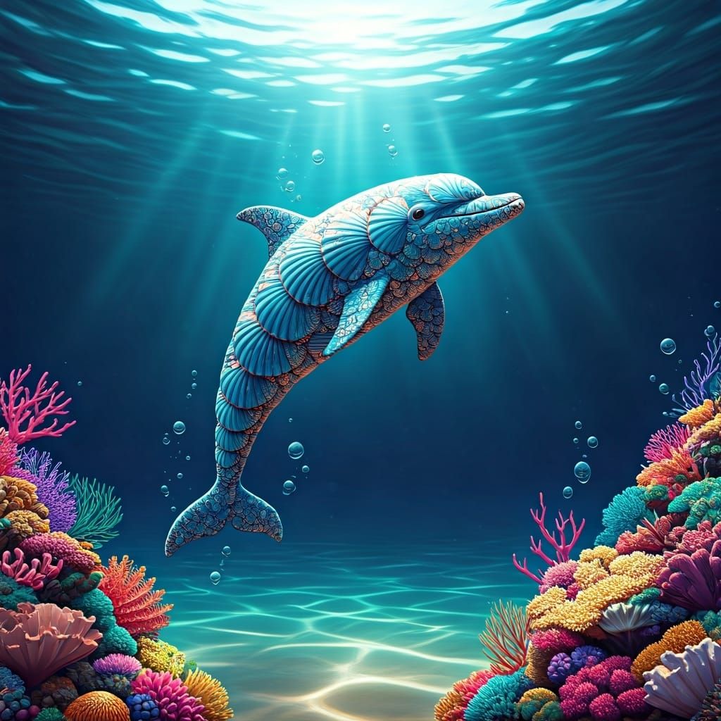 A playful dolphin with a body made of sparkling blue sea shells🐬  by @Godot
