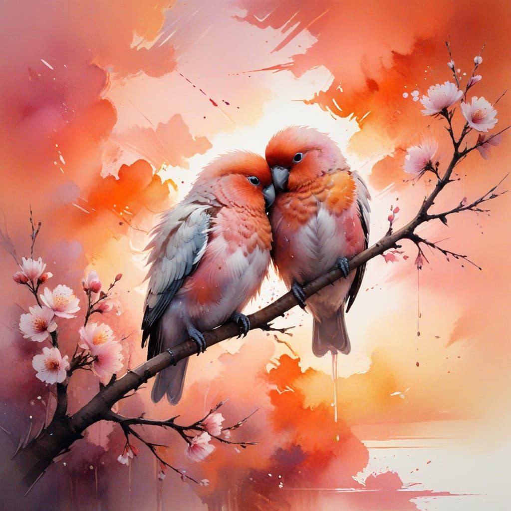 Two fluffy lovebirds nestled side by side on a blossoming branch, silhouetted against a fiery orange ...  by @Kosh