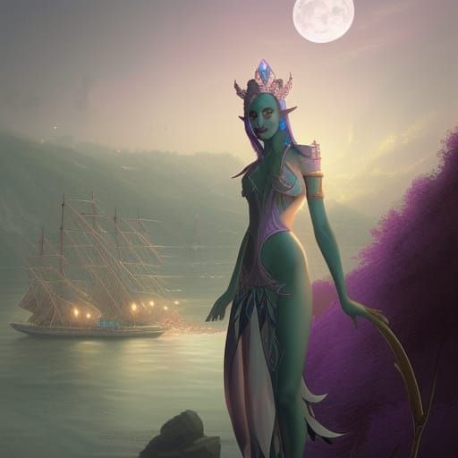 Moon Elf Queen on a Island show port city with Summer Palace...