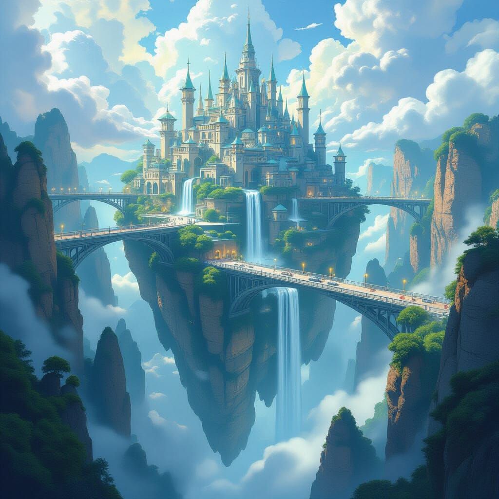 Floating City on Rocks with Upward Waterfalls
