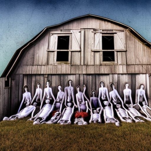 Group photo of dead people Infront of barn, distorted faces