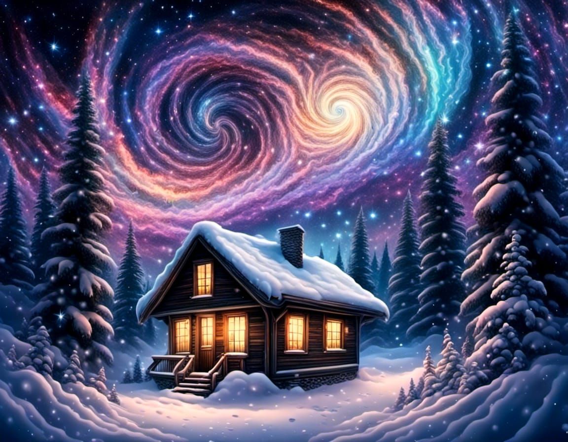 Cabin in the woods surrounded by snow <lora:NebulaCafe:1.0>