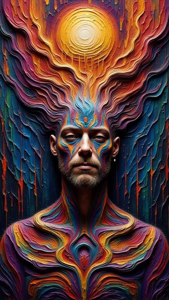 textured impasto acrylic hyperdetailed fractal faced Man <lora:steveface1:1.3>as a Moonfellow with rainbows growing out of his head connecti...
