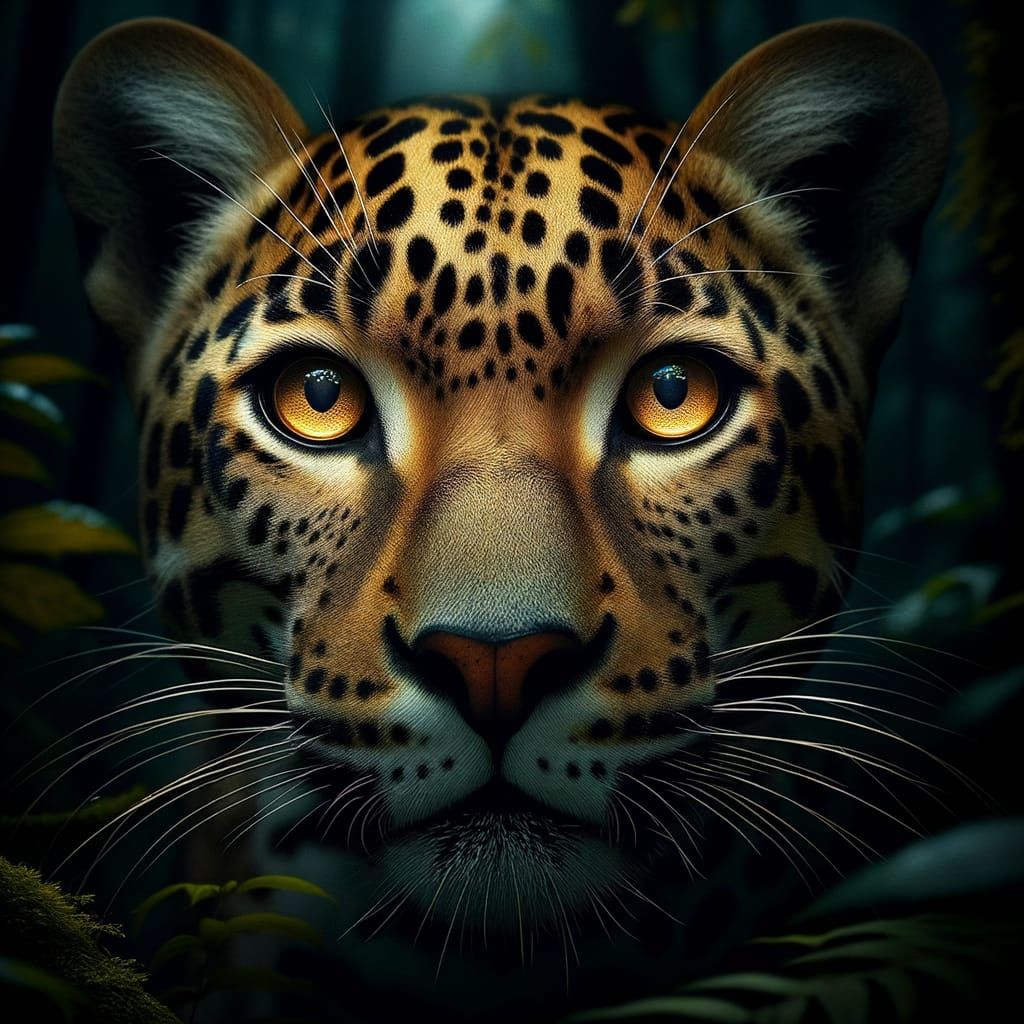 A sleek leopard's face, illuminated by its luminous golden eyes, emerges from a dark, velvety blackness of a rainforest at night, evoking th...