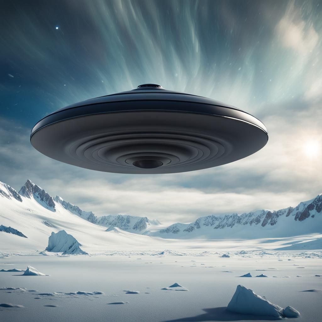 A massive flying saucer hovering over the Antarctic, viewed from below ...