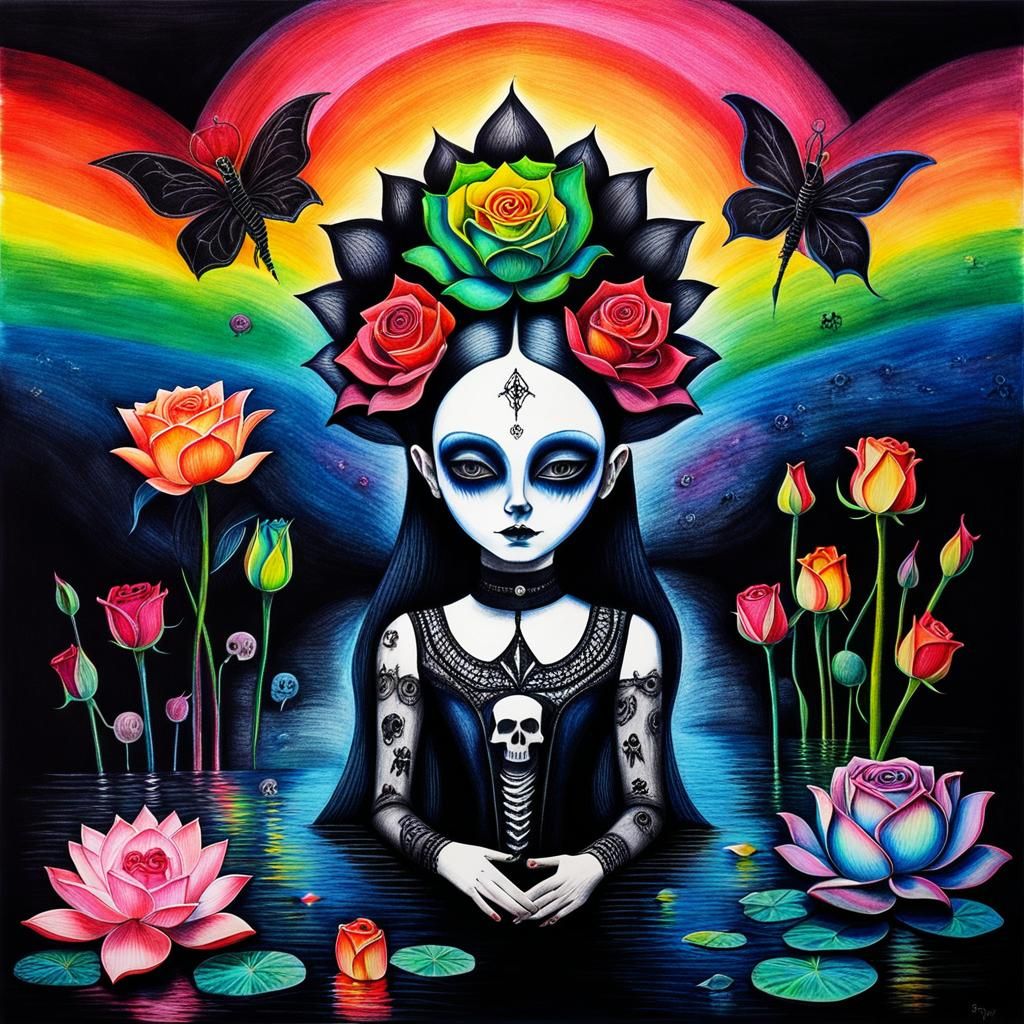 Gothic lotus,  Kids Crayon drawings ,surreal (child's drawing )of a goth woman, swimming in  blackness, skulls,rose, symbols   rayograph Ma...