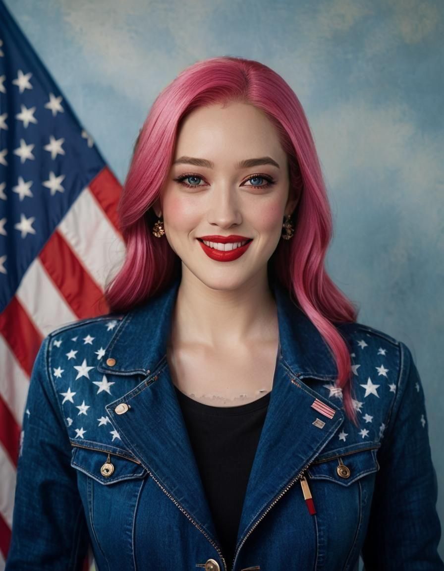 (Portrait of Kat Dennings as a politician), captivating (smile), confident pose, dressed in a denim jacket, vibrant colors, striking details, (Uni...