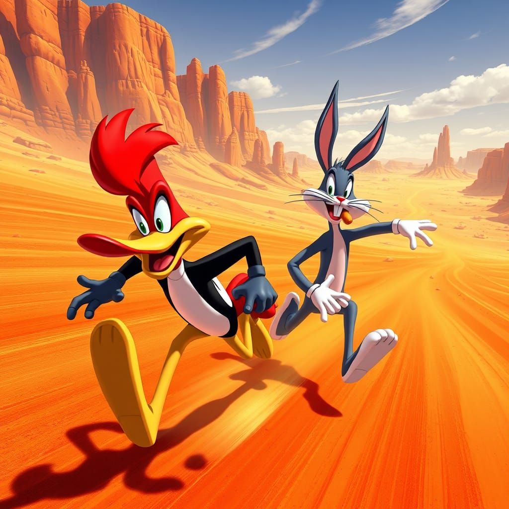 woody woodpecker is running from bugs bunny