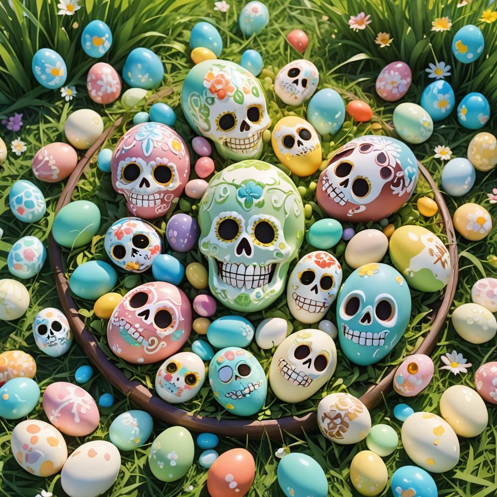 white chocolate sugar skull eggs, pastel colors, surrounded by jelly
