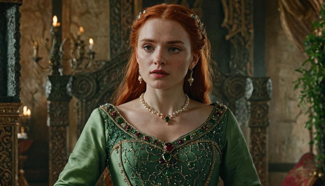 Beautiful Redhead Queen in Medieval Hall: Digital Art