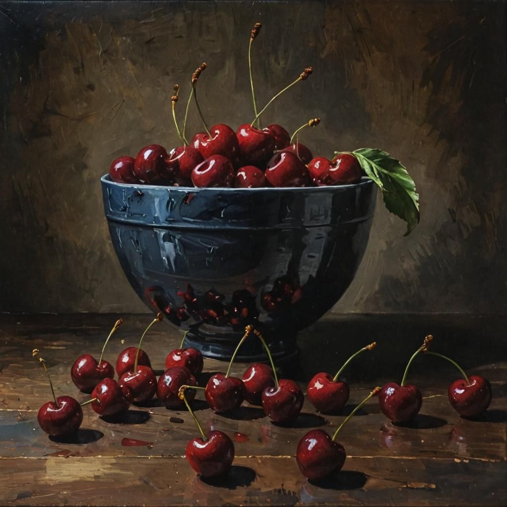 Still life w/ a bowl of cherries : dark and moody chiaroscuro   by @g r r c