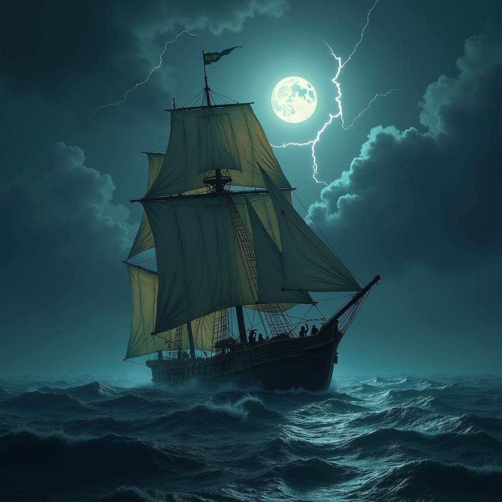 Stormy Seas: Art Nouveau Shipwreck at Night