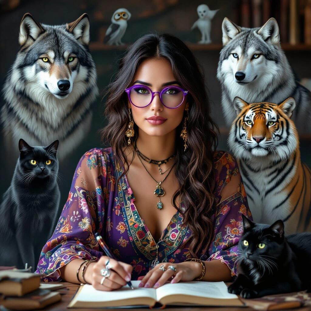 A woman with purple rim metal framed glasses, dark hair hanging to below the waist, bohemian style dress, writing her latest manuscript whil...
