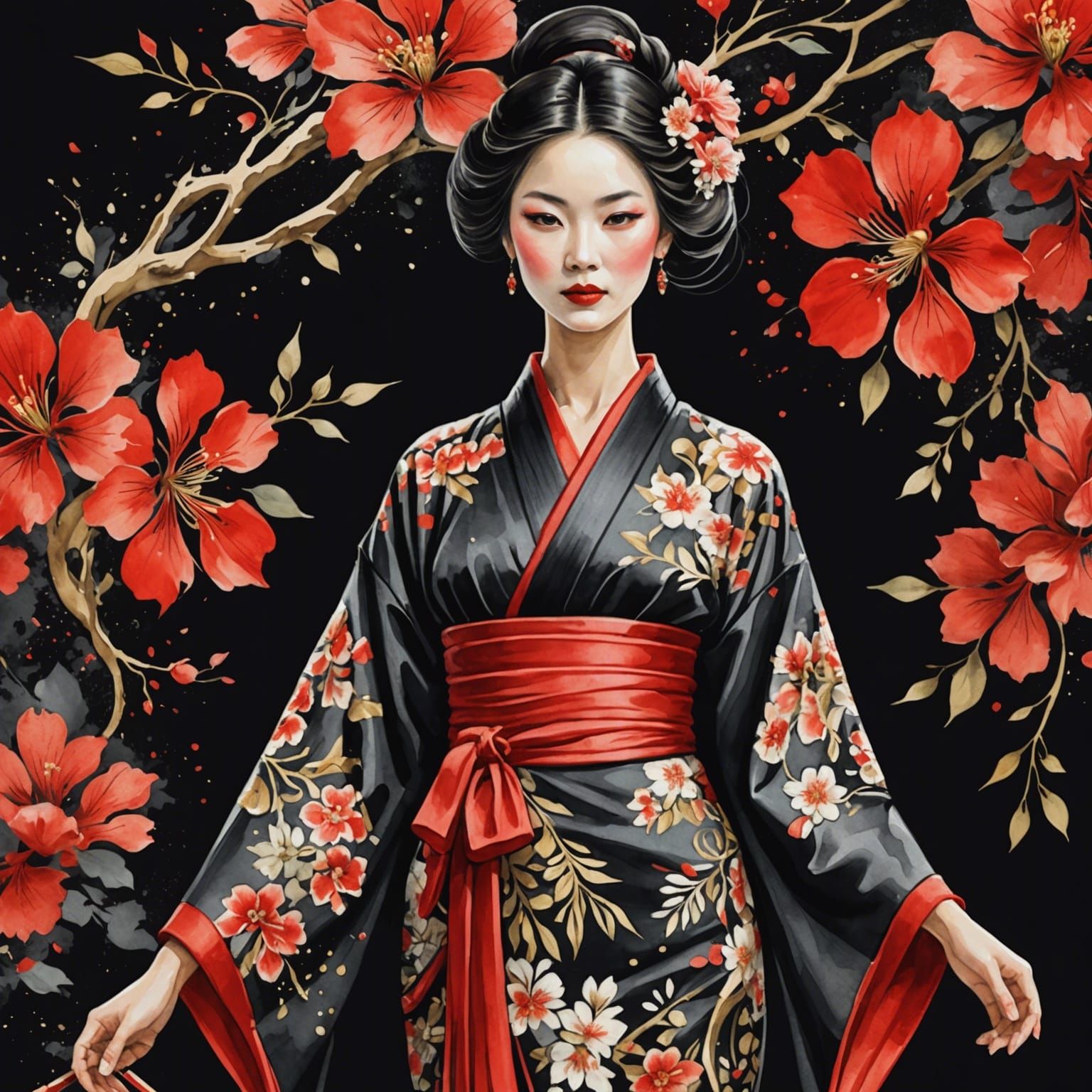 Digital watercolor painting of a woman in intricate kimono, bold brush strokes, art nouveau, paint splatter, ...  by @AndersMildahl