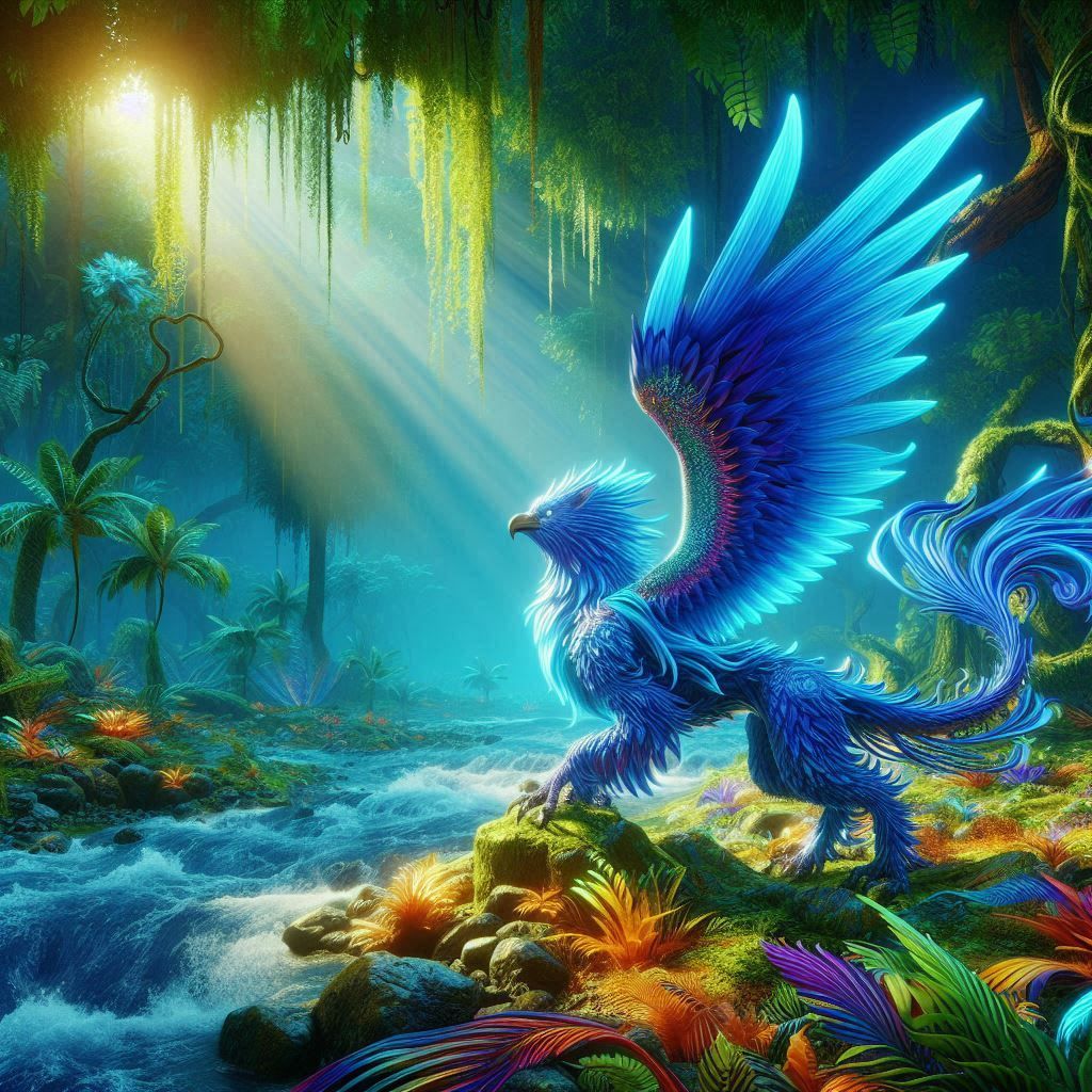A majestic blue fire griffin