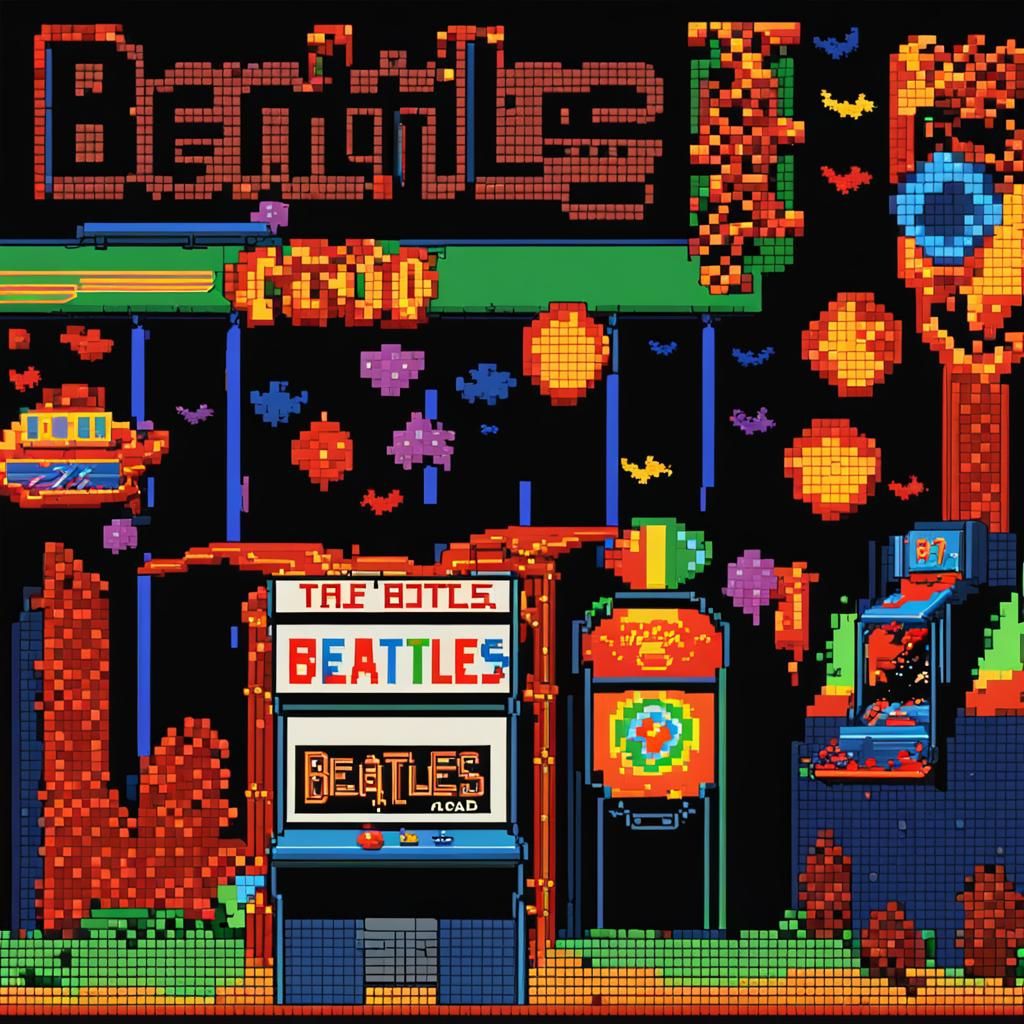 Retro 80's arcade game sign that reads, "Beatles" in pixel a...