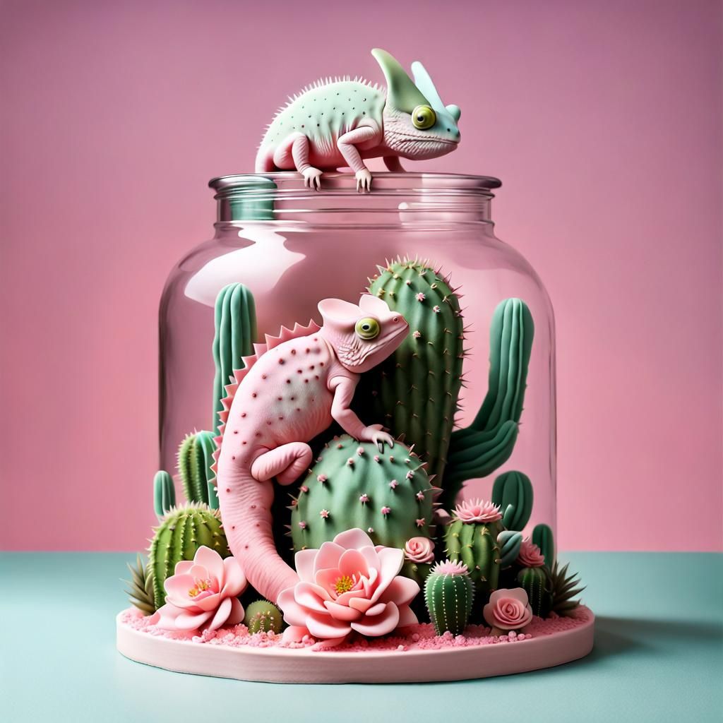 Frosted cake made of a pastel pink and cacti plants with Chameleon