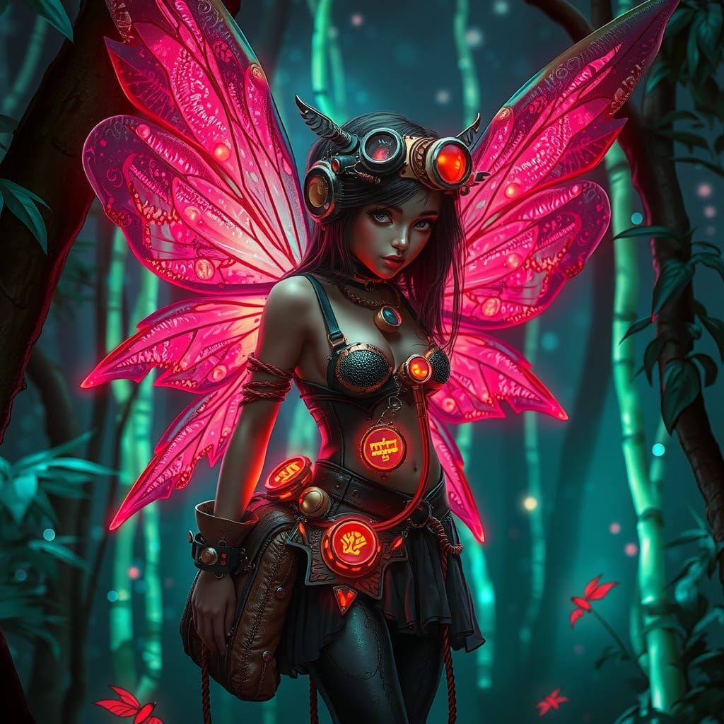 Steampunk Fairy in a neon Fairy forest night. Hyperrealist   by @DOOM RA