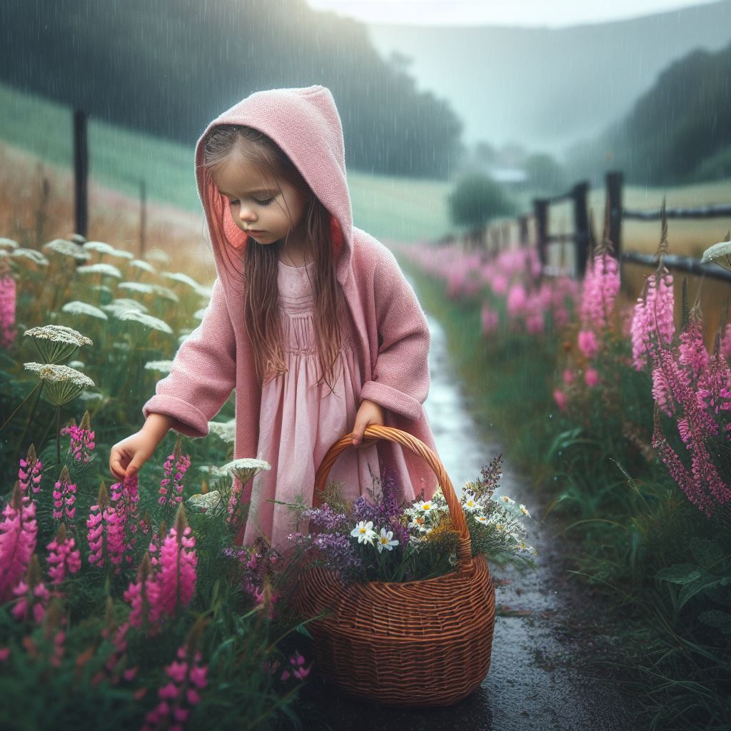 picking flowrs in the rain